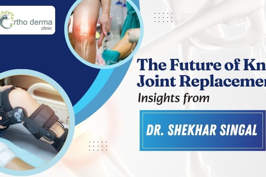 a person with a knee brace and a highlighted knee joint, representing advancements in knee replacement treatment