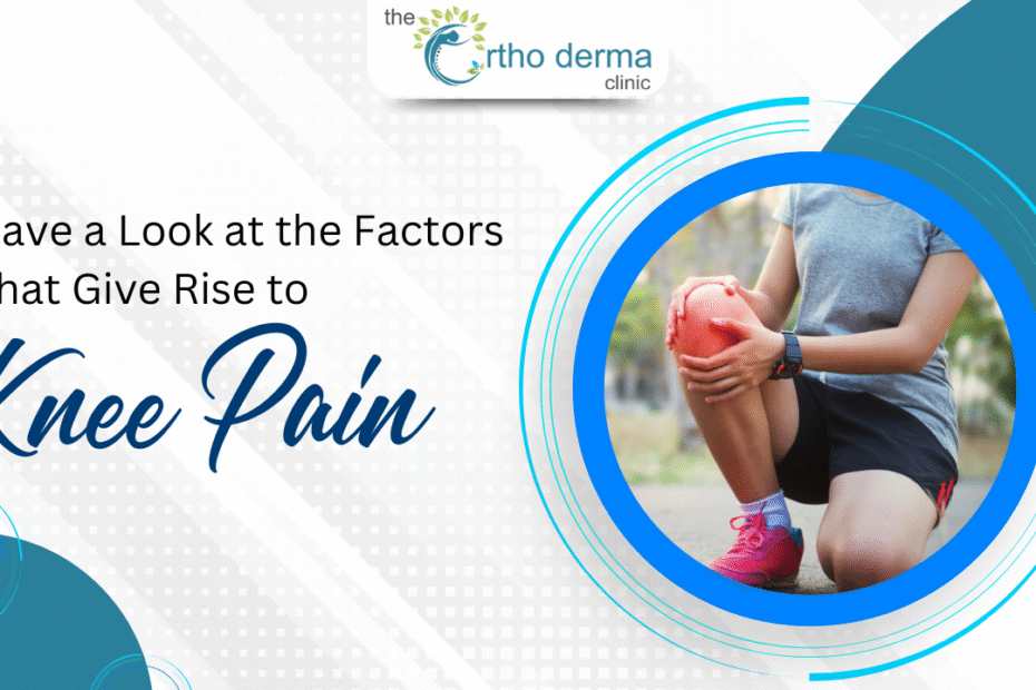 Person holding their knee in pain, with text discussing common causes of knee pain, featured by The Ortho Derma Clinic.