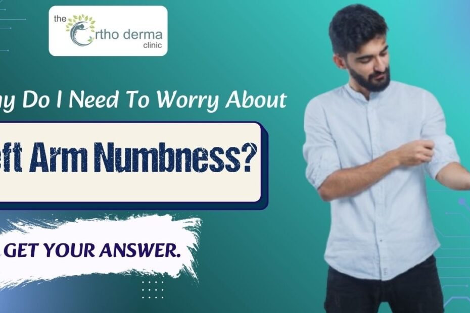 a man in a light blue shirt examining or touching his left arm, indicating discomfort or numbness