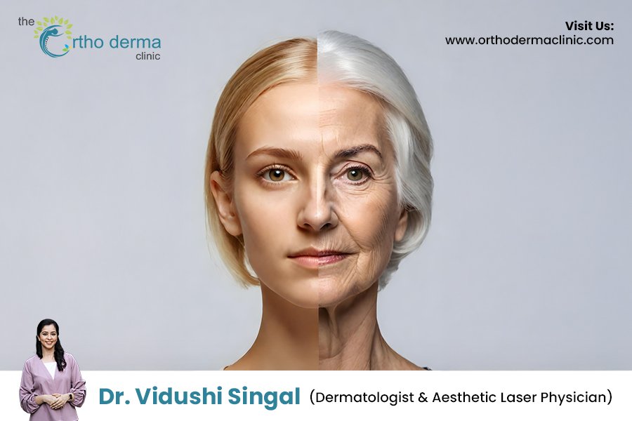 Dr. Vidushi Singal explaining the science of skin aging and its treatments at Orthoderma Clinic