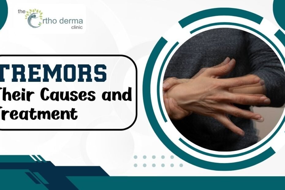 a person holding their trembling hand, symbolizing hand tremors, with a modern teal and white graphic design background